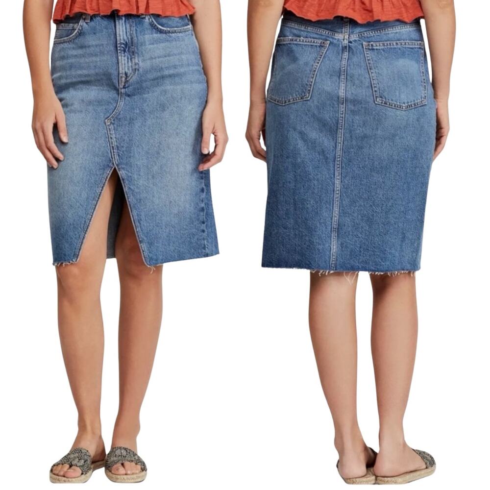 WE THE FREE Suzanne Denim Midi Skirt 4 Indigo Blue Western Raw Hem Distressed
